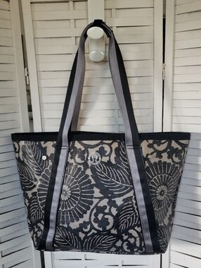 Lululemon Gray And Black Floral Canvas Tote Bag with Black Trim